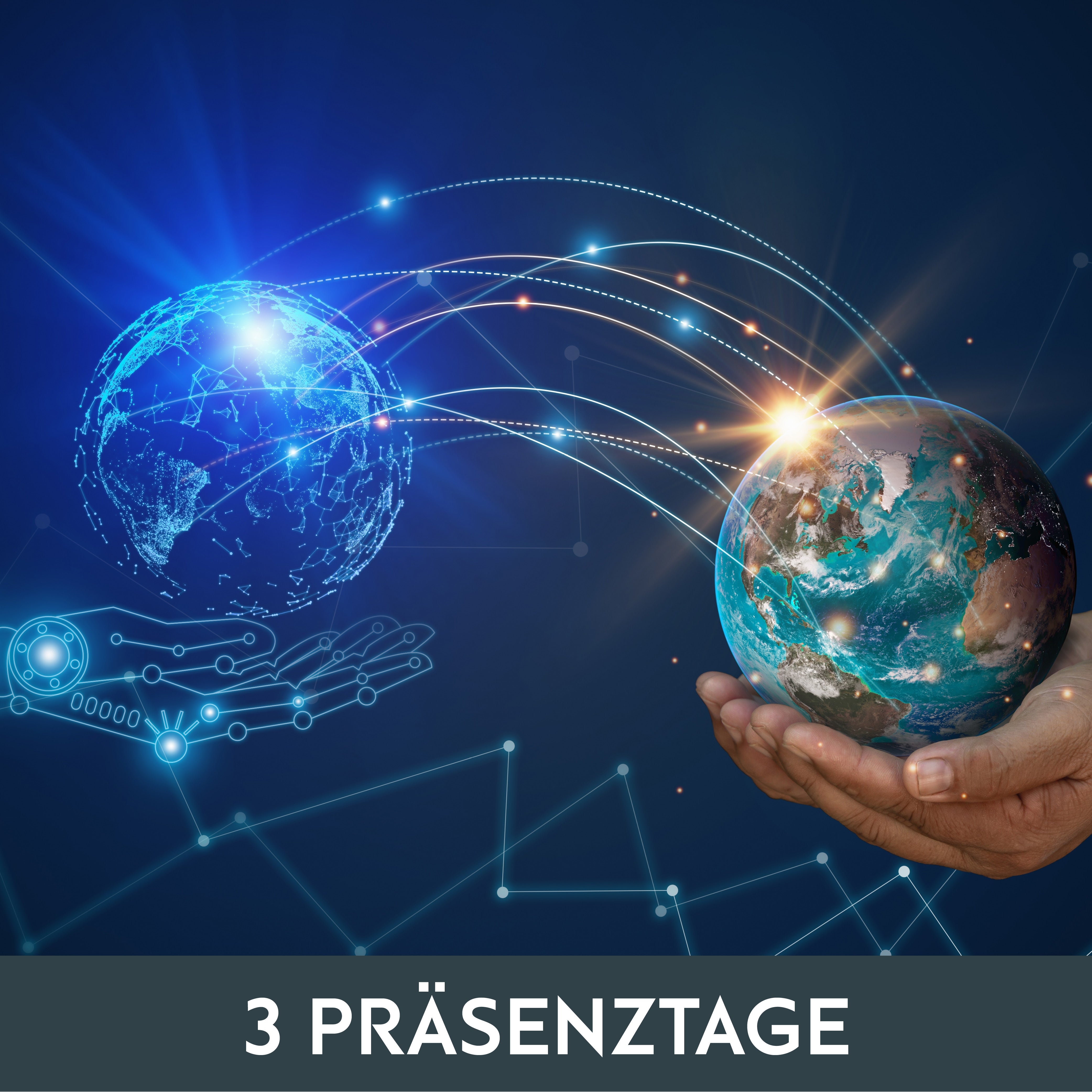 Hände wiegen eine leuchtende Erde, während eine digitale Hand einen blauen, digitalen Globus hält. Lichtspuren verbinden sie und symbolisieren Technologie und globale Vernetzung.