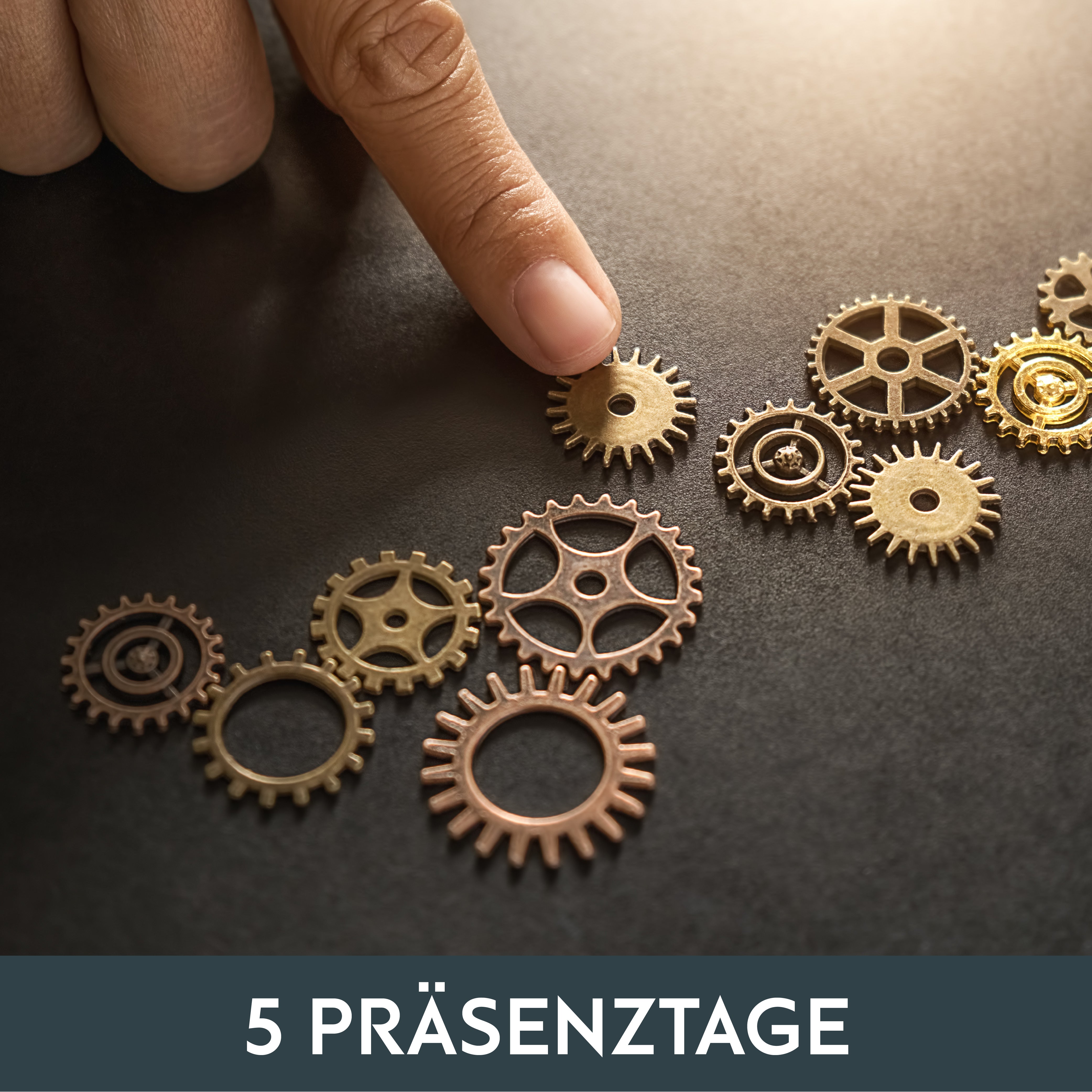 Eine Hand berührt kleine bronze- und goldfarbene Zahnräder auf einer dunklen Oberfläche, die Verbindung und Harmonie symbolisieren.