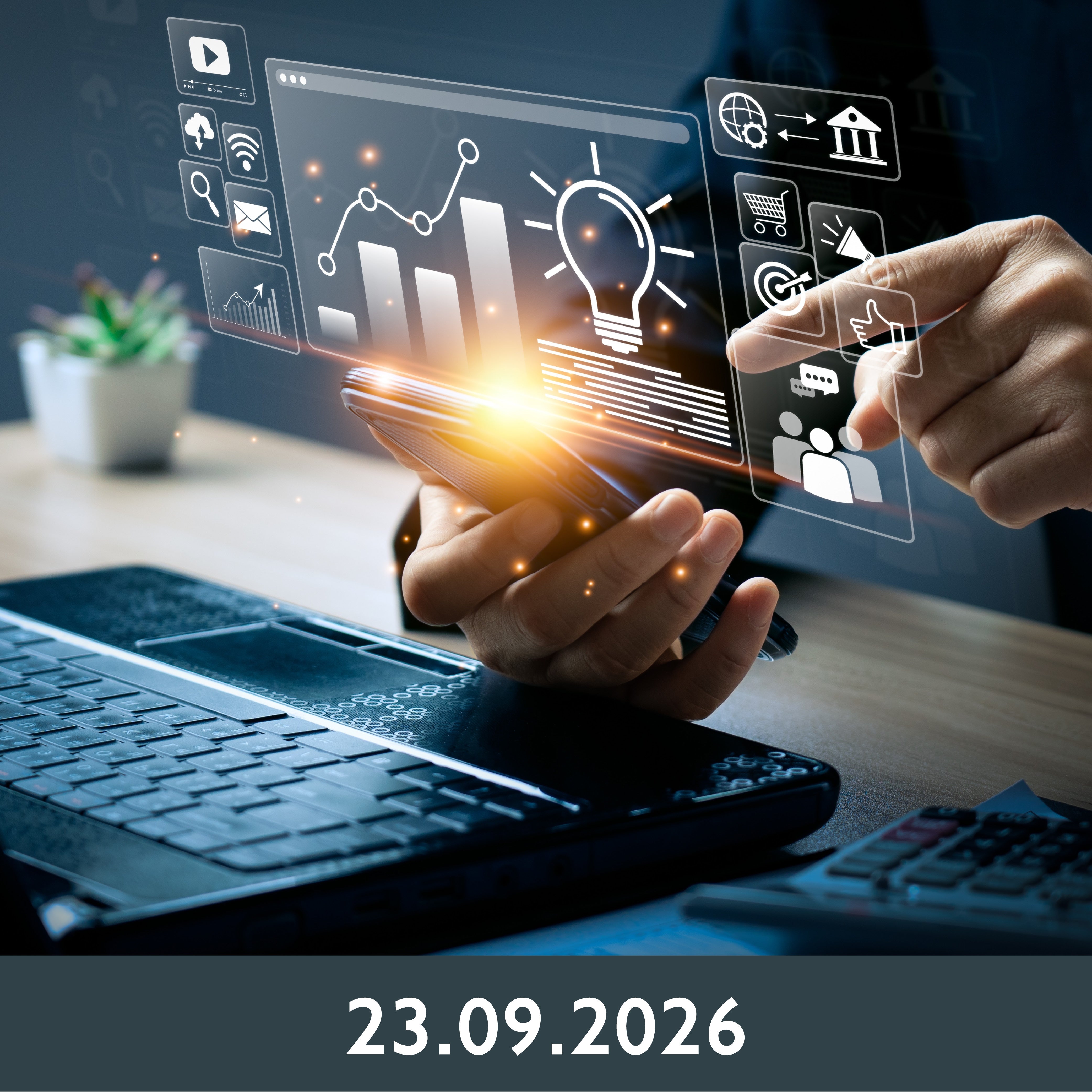 Eine Person interagiert mit einem Smartphone, auf dem digitale Grafiken und Symbole angezeigt werden, die für Datenanalyse und Innovation stehen.