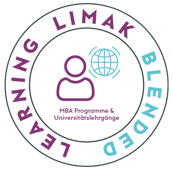 LIMAK Blended Learning Icon mit dem Piktogramm einer Person und einer dynamischen Erde mit Meridianen. Der Text auf dem Icon lautet "LIMAK Blended Learning - MBA Programme & Universitätslehrgänge"
