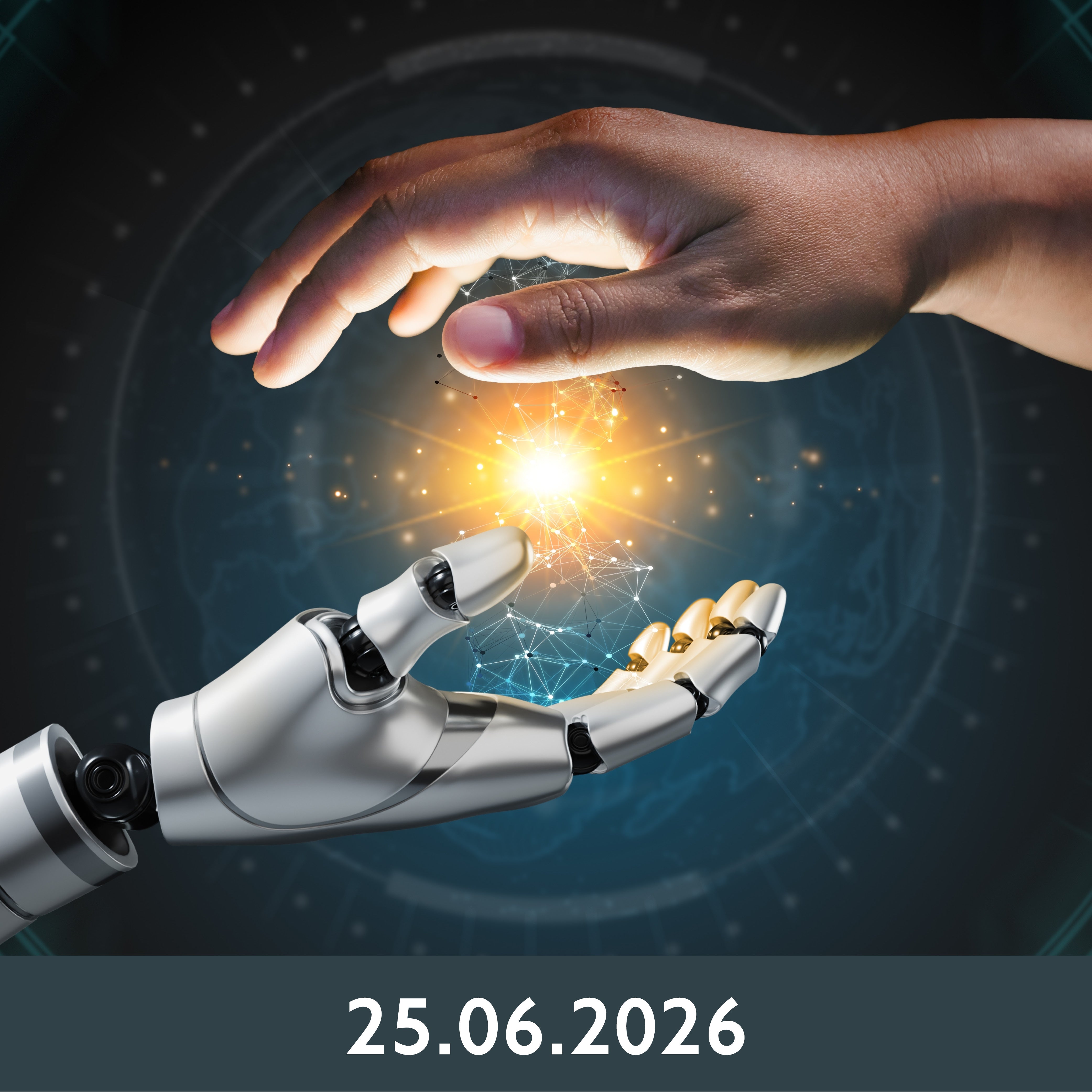 Eine Roboterhand und eine menschliche Hand strecken sich einander entgegen, dazwischen leuchtet ein Licht, das Verbindung und Innovation in der Technologie symbolisiert.
