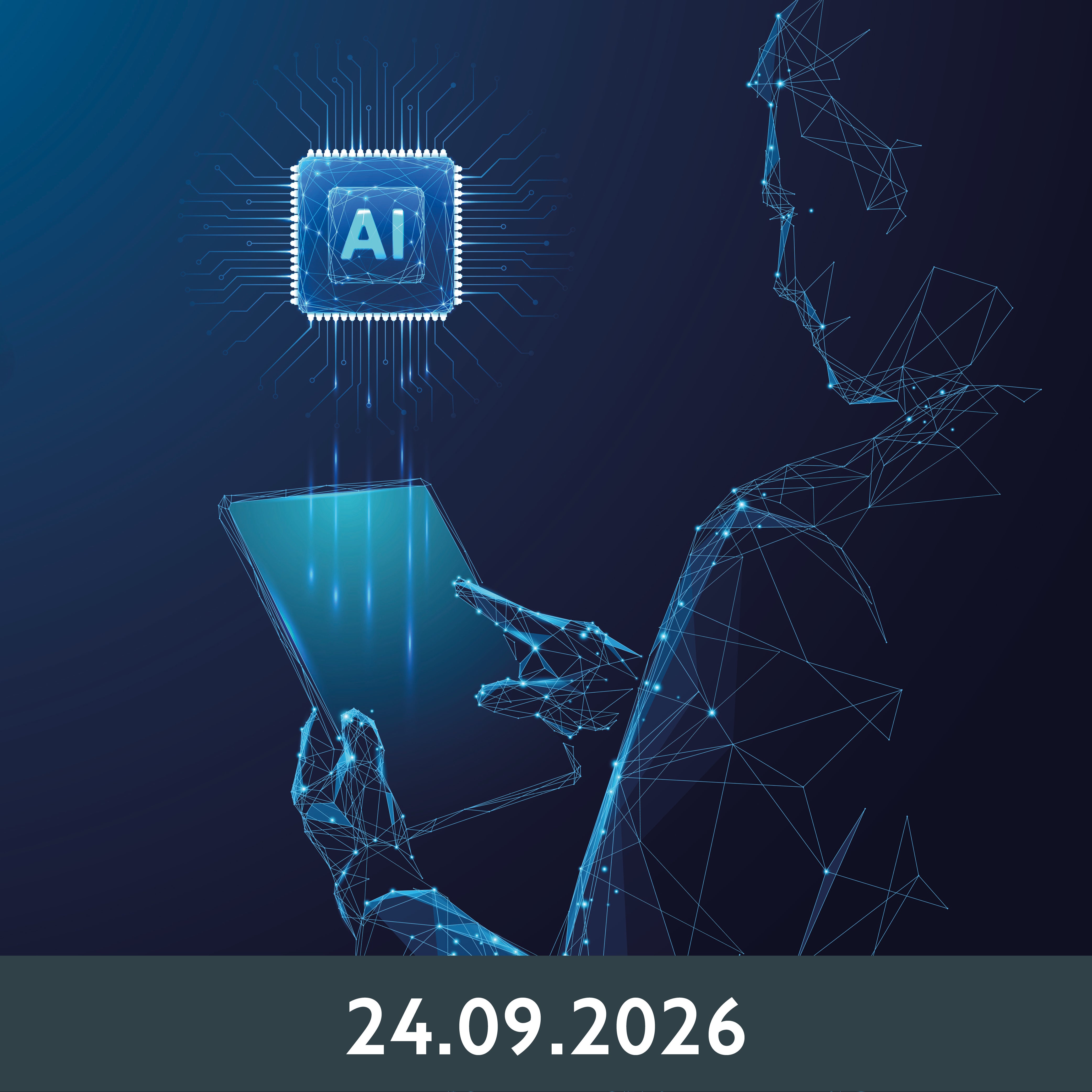 Digitale Illustration einer Figur, die ein Tablet mit leuchtenden KI-Elementen hält. Das Design in Blau steht für Technologie und Innovation im Bereich KI-gestütztes Training.