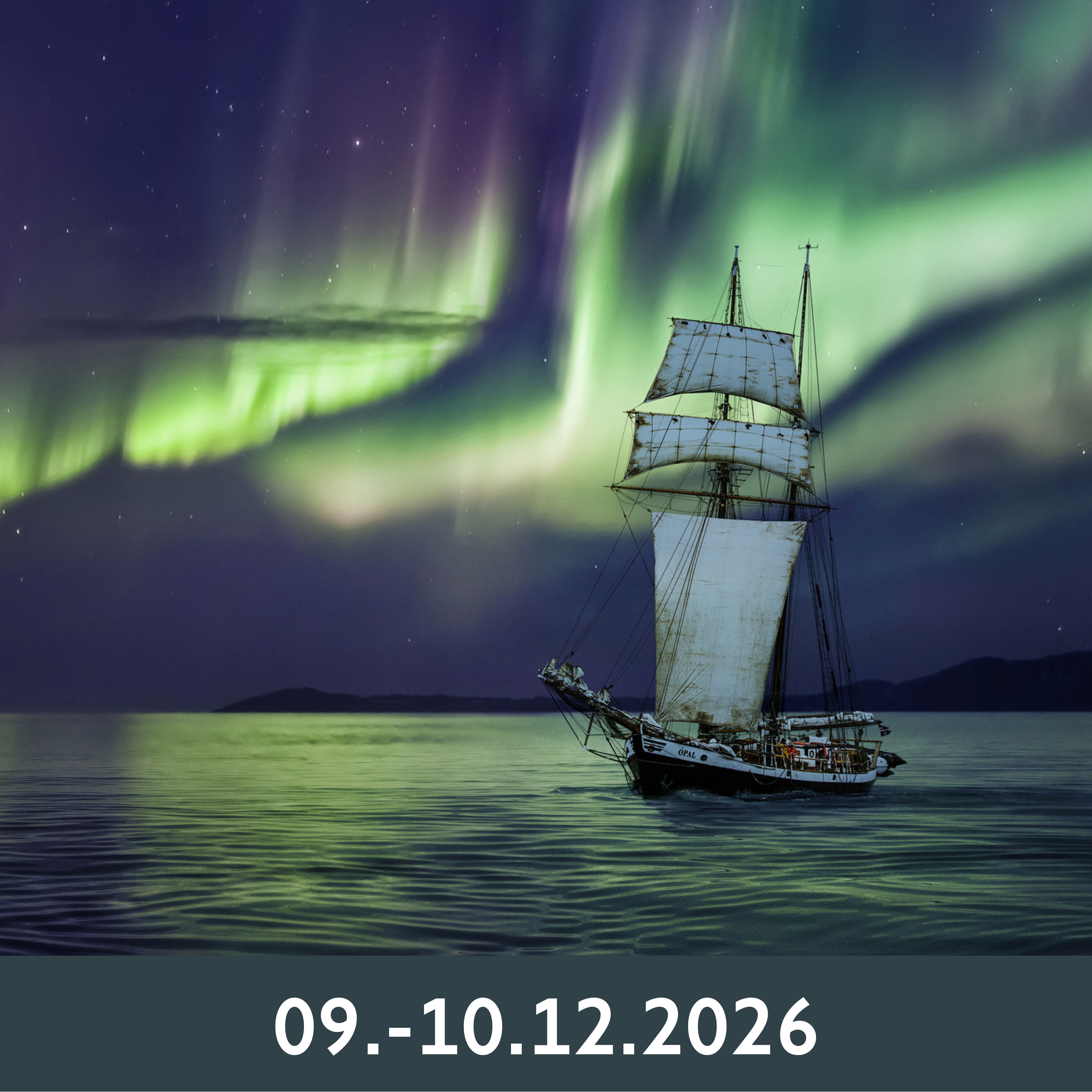 Ein Segelboot segelt auf ruhigem Wasser unter einem leuchtenden Schauspiel aus grünen und violetten Nordlichtern am sternenklaren Nachthimmel und schafft eine friedliche, beeindruckende Szenerie.