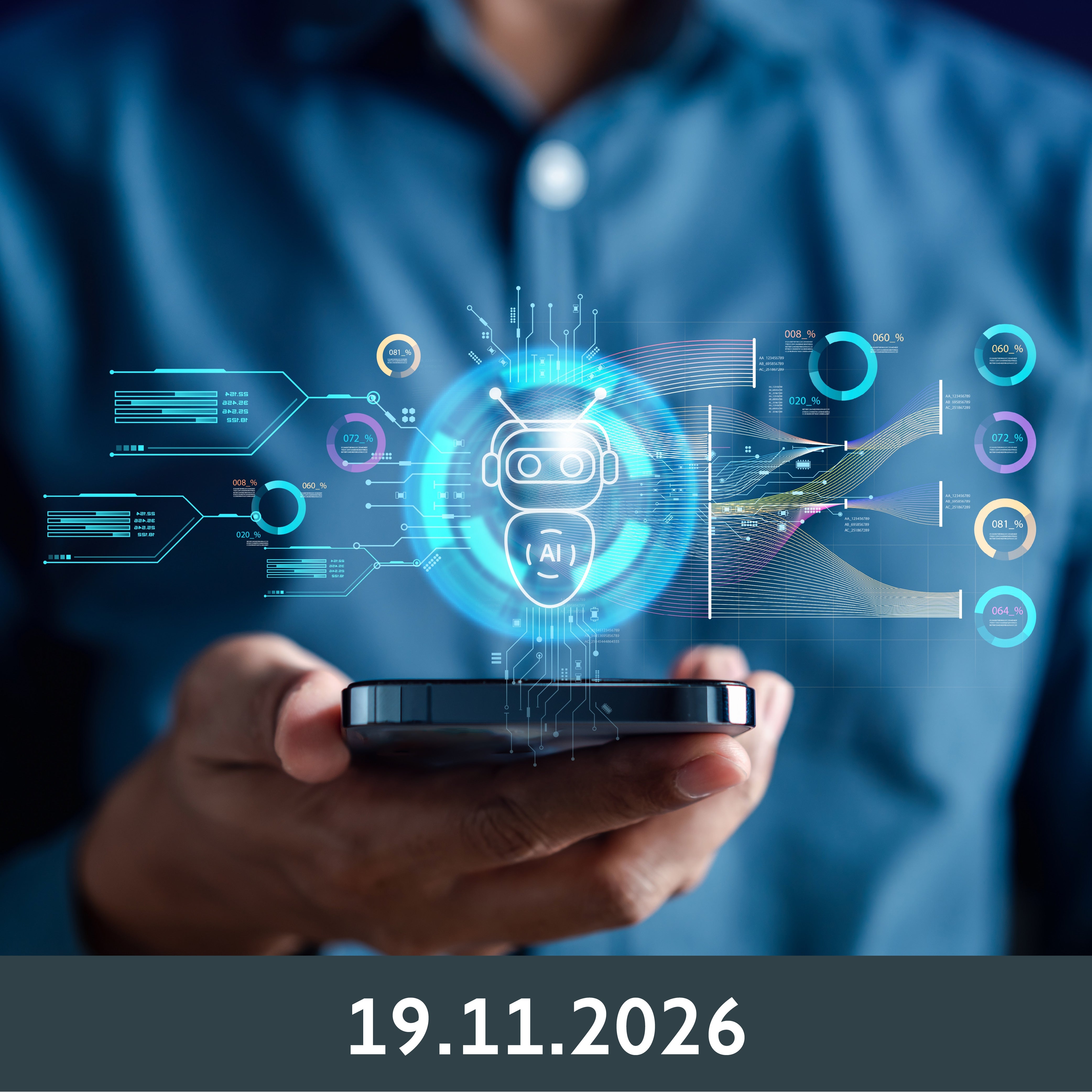 Eine Person hält ein Smartphone, auf dessen Display eine holografische Benutzeroberfläche mit KI-Symbolen zu sehen ist. Die Szene vermittelt den Eindruck von fortschrittlicher Technologie und Innovation.